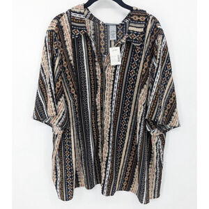 Catherines Shirt Womens 3XP Black Beige Aztec Print Button Up Petite‎ Top NWT